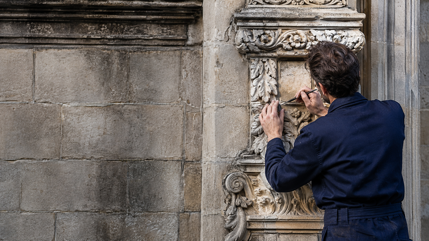 Hydrofluxx-specialist inspecteert een ornament aan een monumentale gevel